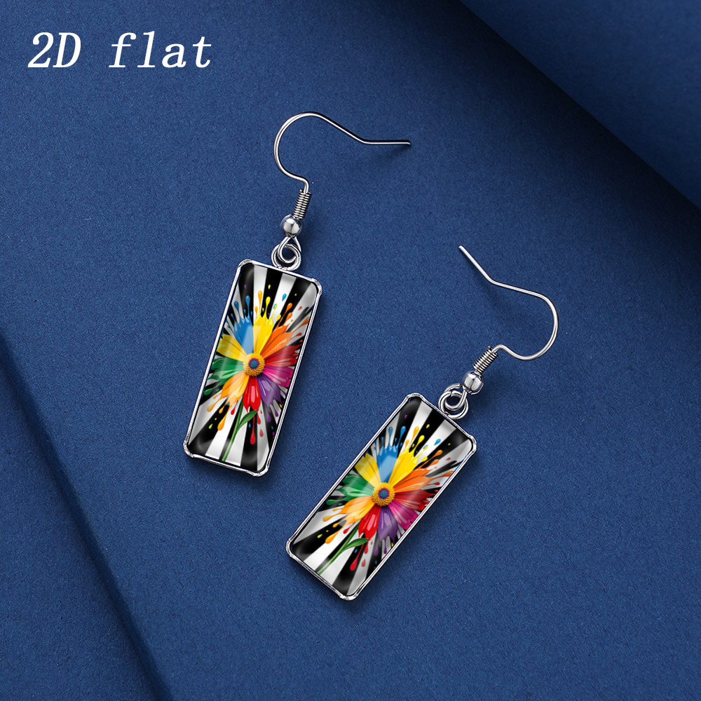 Rainbow Splatter Daisy Pattern Glass Earrings